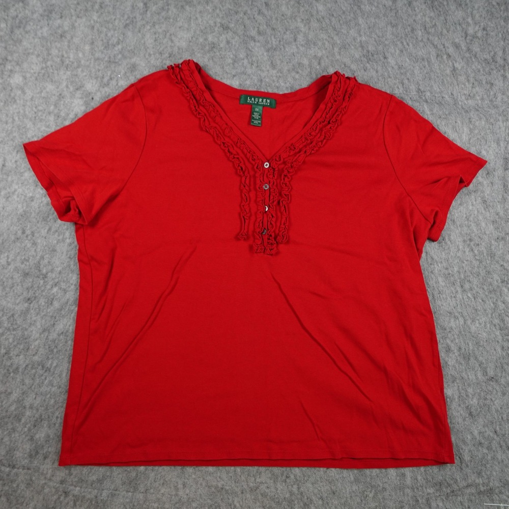 Ralph Lauren Top Women 2X Red Ruffle Neck Henley Short Sleeve Cotton Knit